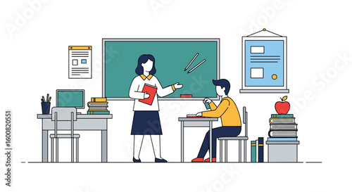 Educational classroom scene with teacher guiding student through learning process and knowledge acquisition