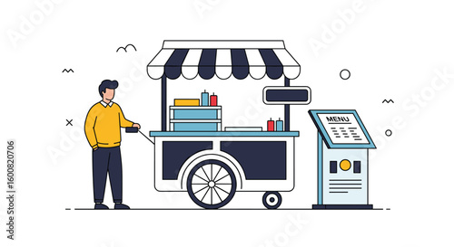 Customer ordering food from a mobile cart using a digital touchscreen kiosk for quick service