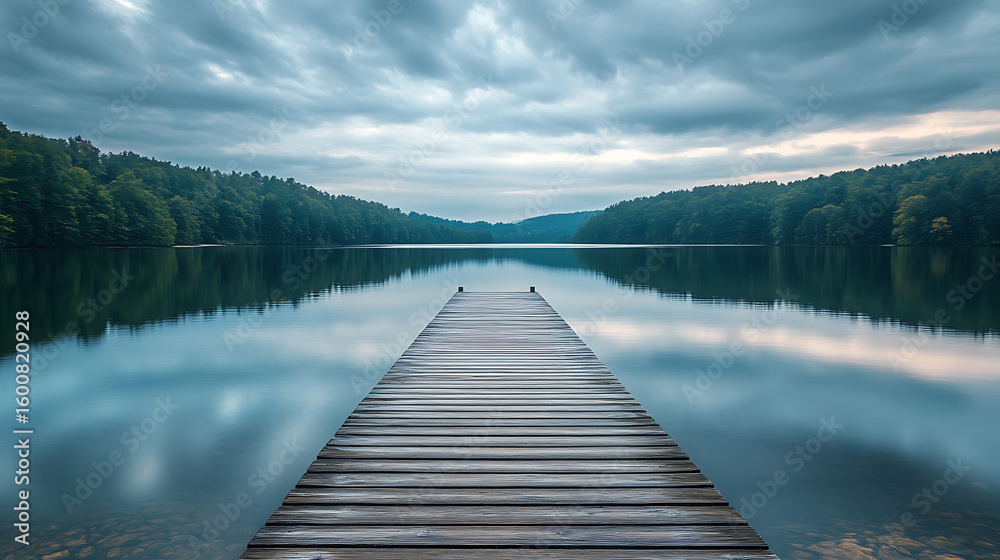 Obraz premium Wooden pier stretching out into a calm, placid lake 