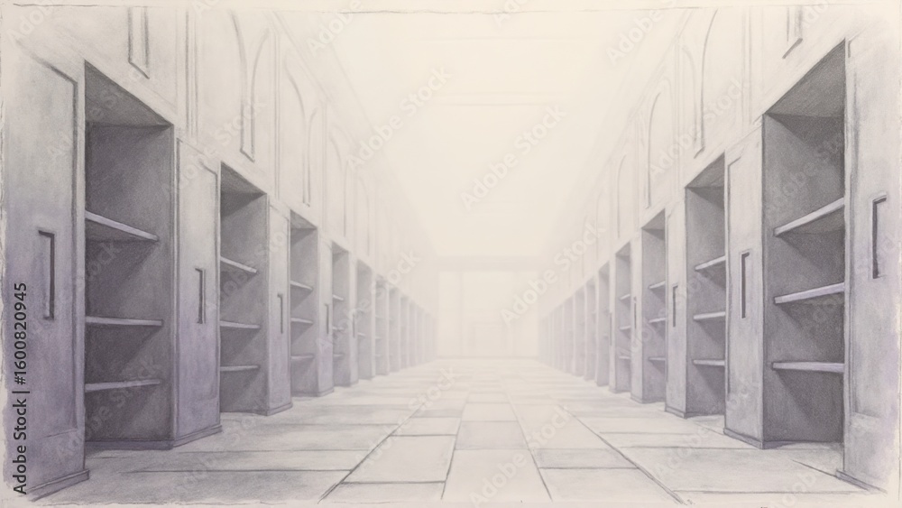 Obraz premium Serene Minimalist Hallway: Empty Shelving Units in a Foggy, Architectural Drawing.