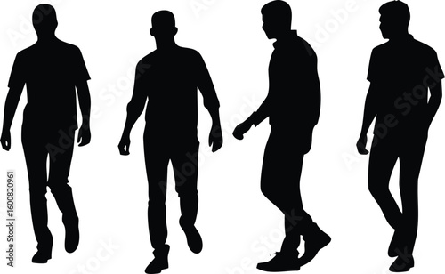 Black Silhouettes of Men Walking in Different Poses on a White Background