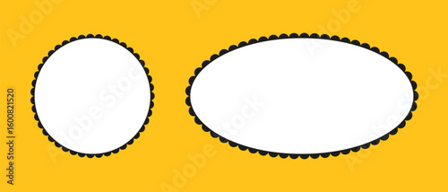 Scalloped frames. Scalloped edge circle, ellipse shapes. Label round, oval forms. Silhouette lace frame template. Elements for tag, stickers.