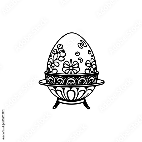 Elegant Black And White Easter Egg With Floral Patterns On Ornate Egg Stand Design