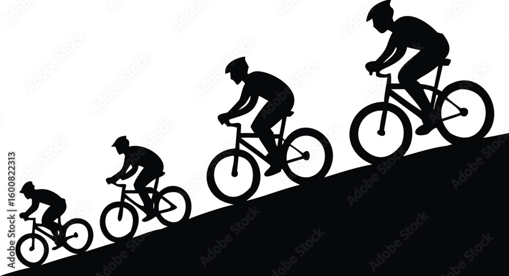 Obraz premium Black Silhouettes of Mountain Bikers Riding Uphill, Featuring Cyclists and Bicycles on an Incline