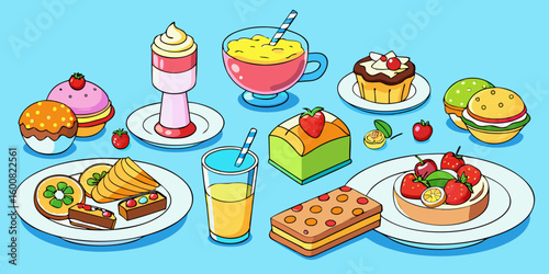 A delectable collection of cartoon dessert icons, including cakes, cupcakes, and other sweet treats, perfect for any bakery or food illustration