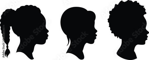 Black Silhouettes of Women Different Hairstyles Including Braids, Short Cut, and Afro Styles