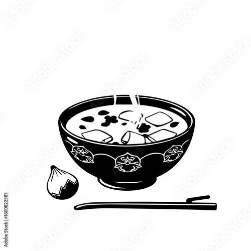 Steaming Bowl Of Salmon Miso Soup Garnished With Clover Served With Edamame And Chopsticks