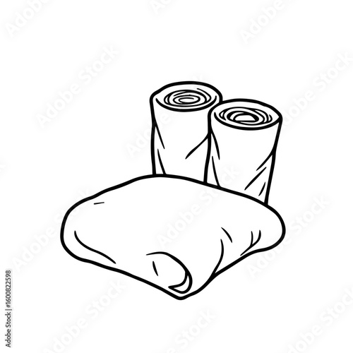 Two Rolled Towels and One Folded Towel Outline on White Background Laundry Line Art