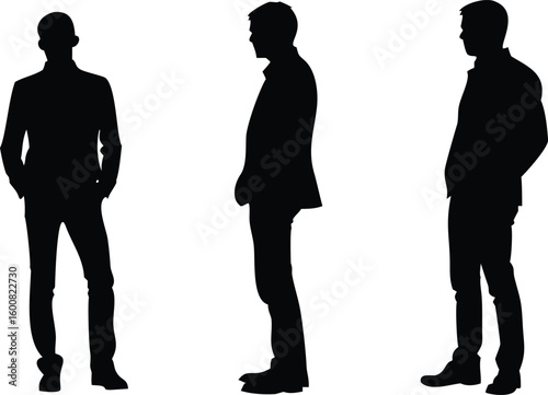 Business Man Silhouette Illustration Front, Side and ThreeQuarter Views on White