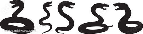 Set of snake silhouette vector, cobra, viper, python isolated on white background, anaconda icon, reptile wildlife design, venomous serpent symbol, 