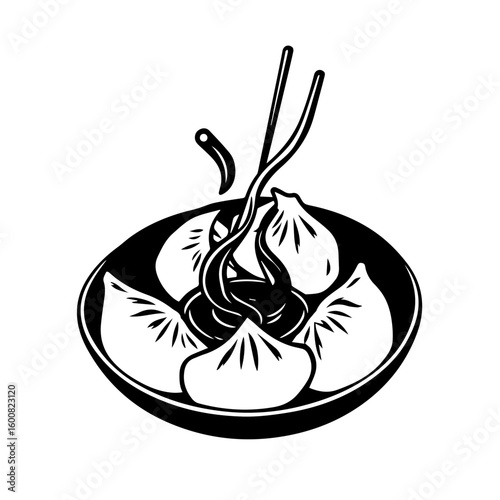 Dim Sum Dumplings in Black Bowl with Chopsticks Illustration on a White Backdrop