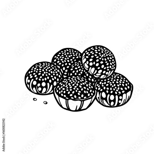 Sketch Illustration Of Traditional Mochi Cakes Topped With Sesame Seeds And Edible Flower