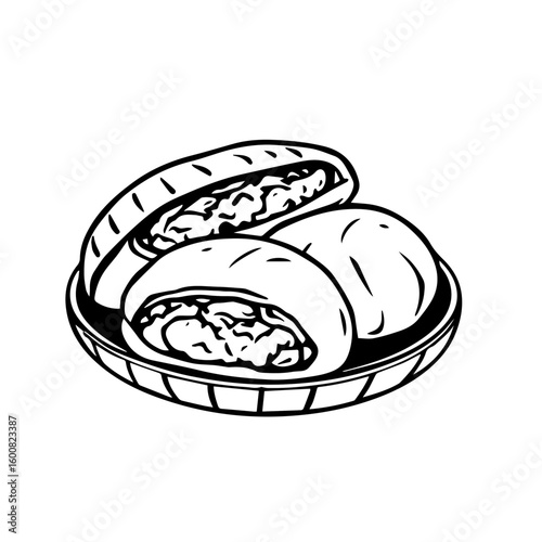 Delicious Stuffed Buns On Round Basket With Black Outline And White Fill On Isolated Background