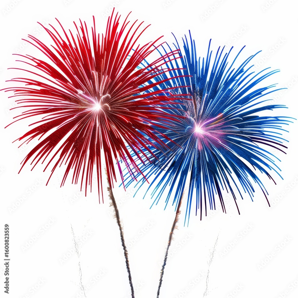Fototapeta premium Two vibrant fireworks burst in red and blue against a white background, symbolizing celebration and festivity.