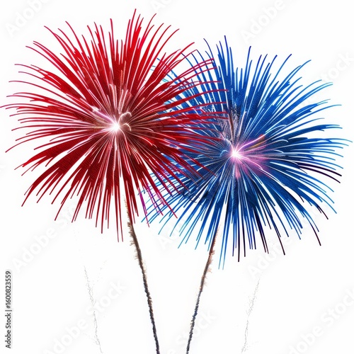 Two vibrant fireworks burst in red and blue against a white background, symbolizing celebration and festivity.