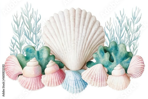 A delicate watercolor illustration featuring various seashells and seaweed in soft pastel tones, evoking a calm, coastal atmosphere.