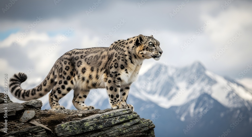 Fototapeta premium Snow Leopard on Himalayan Cliff with Windblown Fur and Distant Snowy Peaks