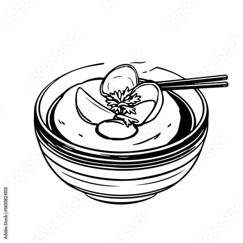 Appetizing Bowl Of Rice Porridge With Egg Yolk And Vegetable Garnish Cartoon Illustration
