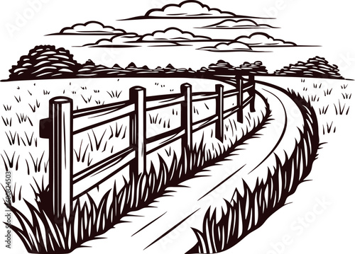 Rustic countryside path winding beside wooden fence and grassy field, black and white hand drawn landscape illustration
