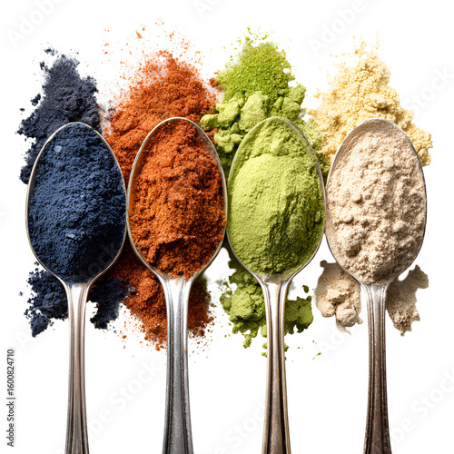 Colorful powders in spoons spice food ingredients