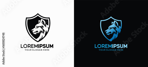 Vector illustration of a wolf shield logo design. Wild animal badge symbol.