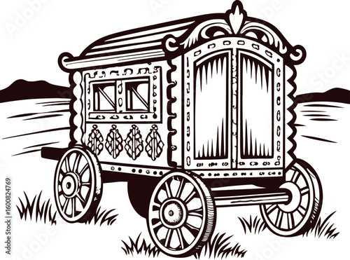 Hand drawn vintage gypsy caravan wagon on grass with ornate woodwork and landscape background