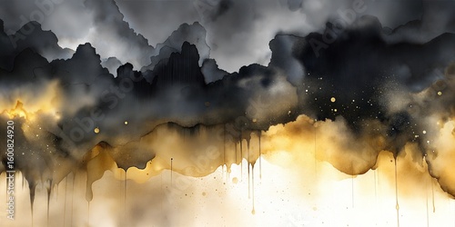 Elegant dark and golden flowing watercolor backdrop with smoky gradients dripping textures and scattered light specks