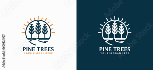 Pine tree logo design with river or road in creative line art style