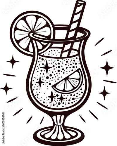 Classic hand drawn cocktail glass with straw and citrus garnish in vintage engraved illustration