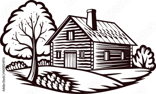 Rustic wooden cabin with large tree and chimney in rural countryside, vintage engraved sketch illustration