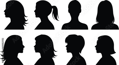 Eight Black Silhouettes of Woman's Heads with Different Hairstyles on a White Background