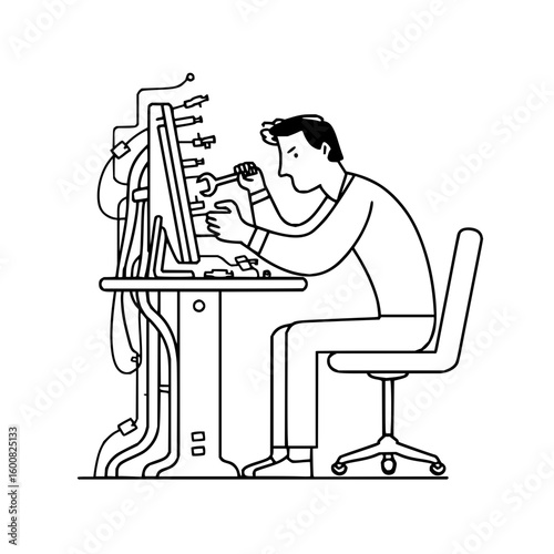 Illustration of a man repairing a computer with a wrench surrounded by wires at a desk on a chair