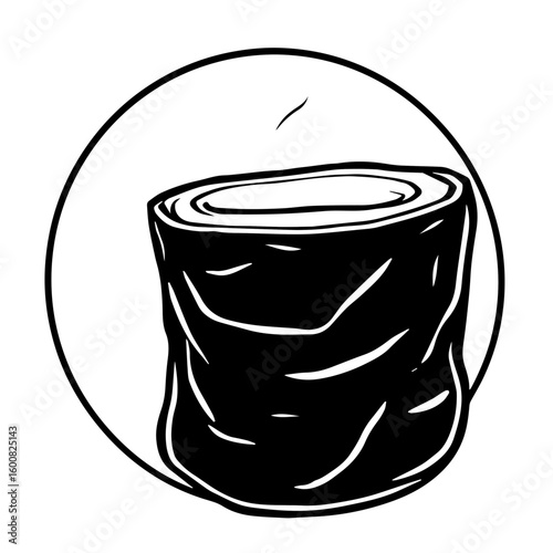 Stylized Black And White Illustration Of A Roll Of Toilet Paper Within A Circular Frame