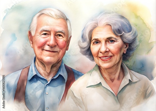 A detailed watercolor painting of an elderly couple with expressive faces and vibrant colors highlighting their enduring bond