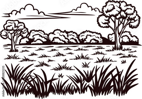 Hand drawn rural landscape with trees shrubs grass and sky in vintage engraved sketch isolated on white