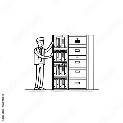 Illustration of a man in a suit reaching for files in a cabinet next to a set of drawers in black and white