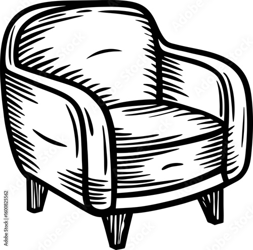Hand drawn upholstered armchair illustration with wood legs, vintage engraving sketch in black and white