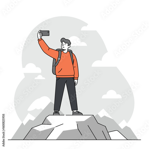 Young man taking selfie on mountain peak with backpack  