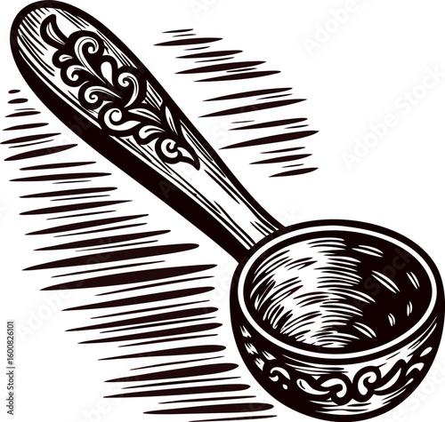 Hand drawn ornate wooden spoon with decorative floral carving, vintage engraving illustration