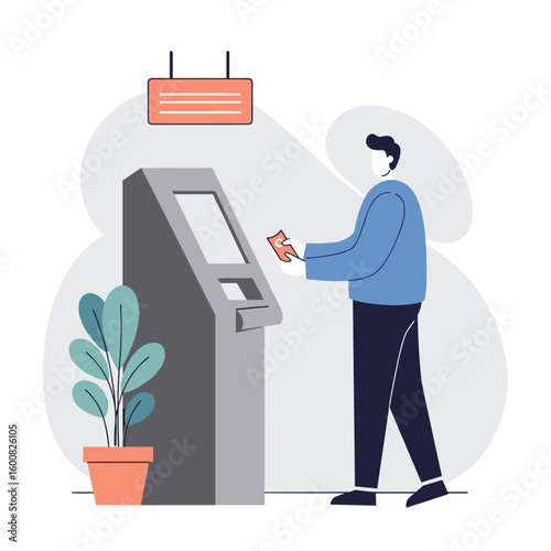 Man using ticket kiosk to purchase ticket in modern setting  
