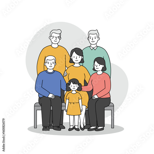 Multigenerational family portrait with smiling members sitting together  