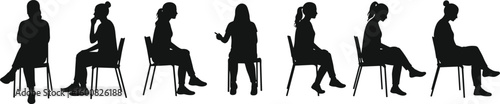 Silhouette of women sitting on chairs in various poses, perfect for waiting, thinking, therapy, office, meeting, or casual scenes.