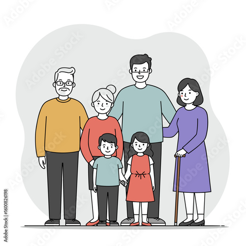 Multigenerational family portrait standing together in warm colors  