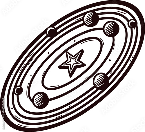 Hand drawn solar system illustration with orbit rings, planets, and central star in vintage black line art