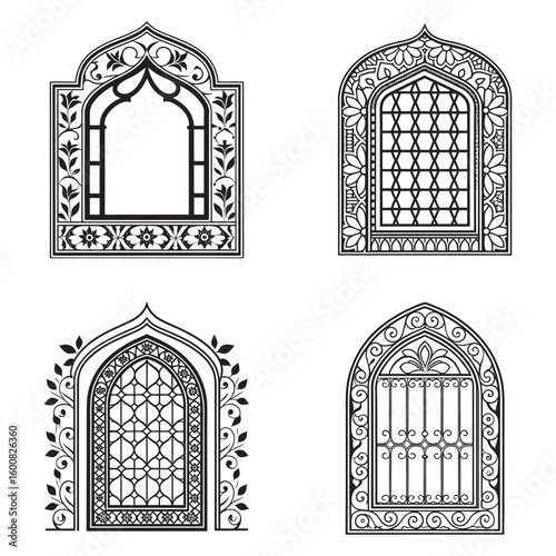 Intricate Black and White Window Designs A Collection of Ornate Architectural Elements Featuring Floral and Geometric Motifs with Detailed Linework