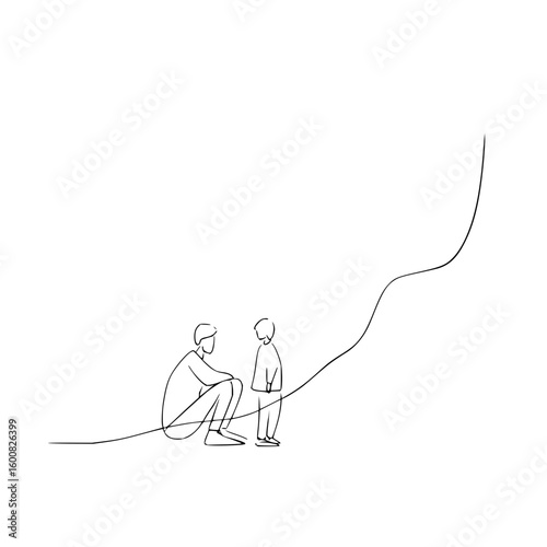Illustration depicting a father squatting and talking to his son, with a line representing growth behind them