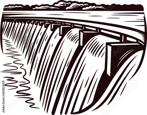 Vintage engraved illustration of a hydroelectric dam with flowing water and cloudy sky isolated on white background