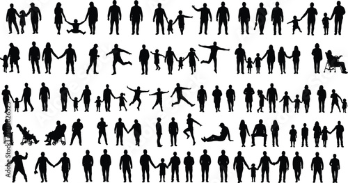 Silhouettes of families, parents, children walking, playing, sitting, togetherness, bonding, parenting, caring, love, outdoors, lifestyle, support, unity, happiness, stroller, mobility