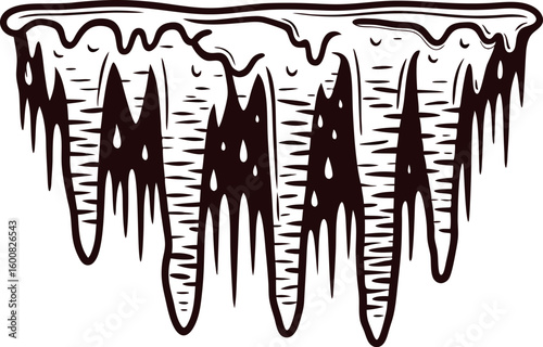 Icicles hanging in row with snow cap hand drawn winter ice stalactites sketch illustration isolated on white
