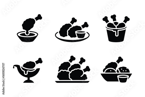 Chicken drumstick icons with dipping sauce and side dishes fried chicken gravy boat